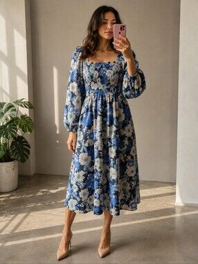 J.Crew NWT 100% Linen Floral Smocked Midi Dress Puff Sleeve Blue Size
